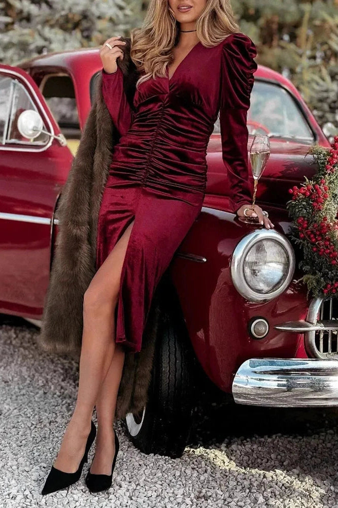 Glorol - Long Sleeve High Waist Split V-Neck Pleated Midi Dress
