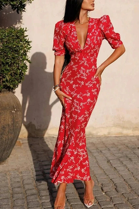 Glorol - Hollow Out Puff Sleeve Slim V-Neck Printed Pleated Maxi Dress