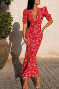 Glorol - Hollow Out Puff Sleeve Slim V-Neck Printed Pleated Maxi Dress