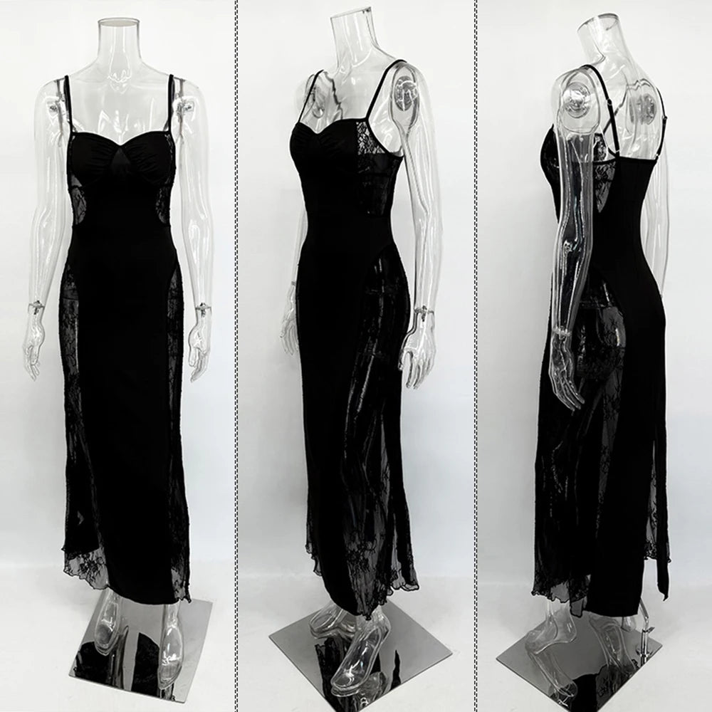 Glorol - Lace See Through Patchwork Backless Maxi Dress