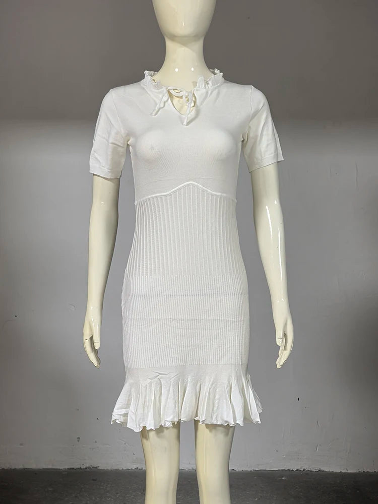 Glorol - Hollow Knitting Lace Up Short Sleeve Mini Dress