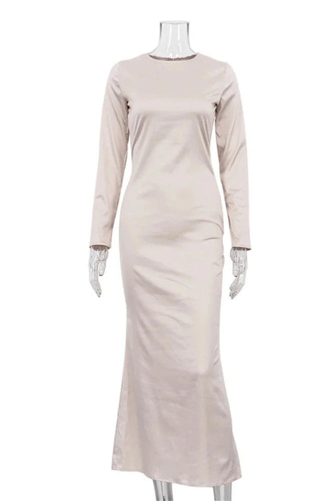 Glorol - Hollow Out High Waist Slim Long Sleeve Zipper Maxi Dress