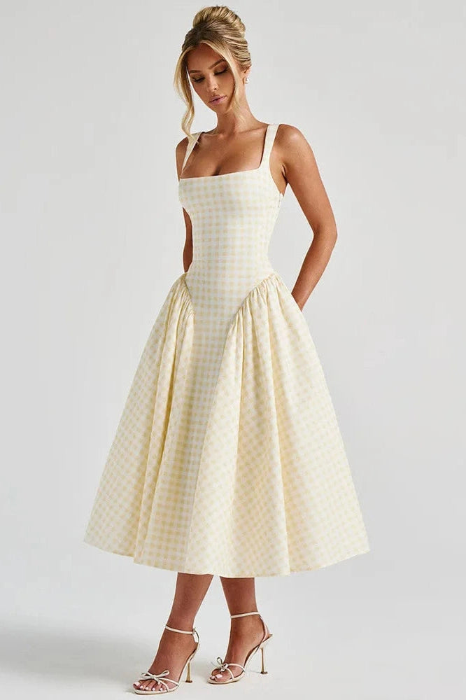 Glorol - Plaid Printed Spaghetti Strap High Waist A-line Backless Midi Dress
