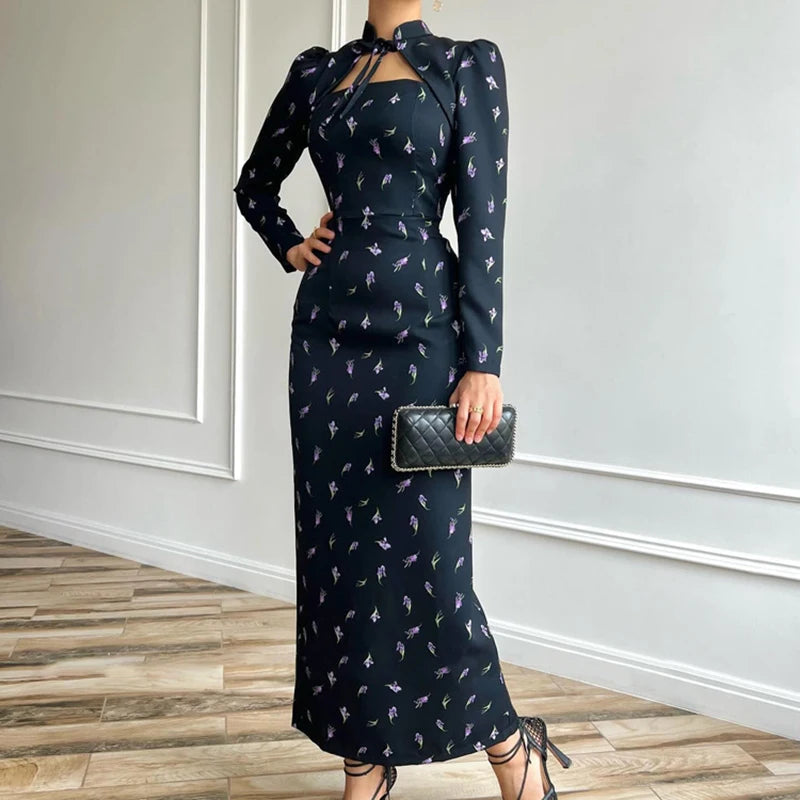 Glorol - Printed Long Sleeve Lace Up Slit Maxi Dress