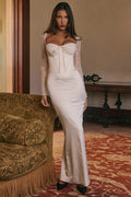 Glorol - Lace Long Sleeve Square Collar Backless Maxi Dress