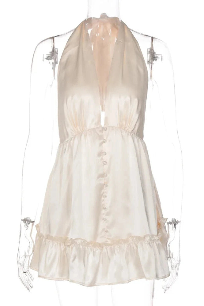 Glorol - Backless V Neck Sleeveless High Waist A-line Mini Dress