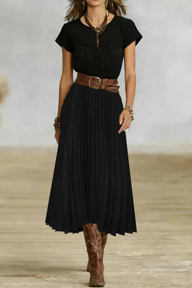 Glorol - O-Neck Short Sleeve Pleated Loose High Waist Midi Dress
