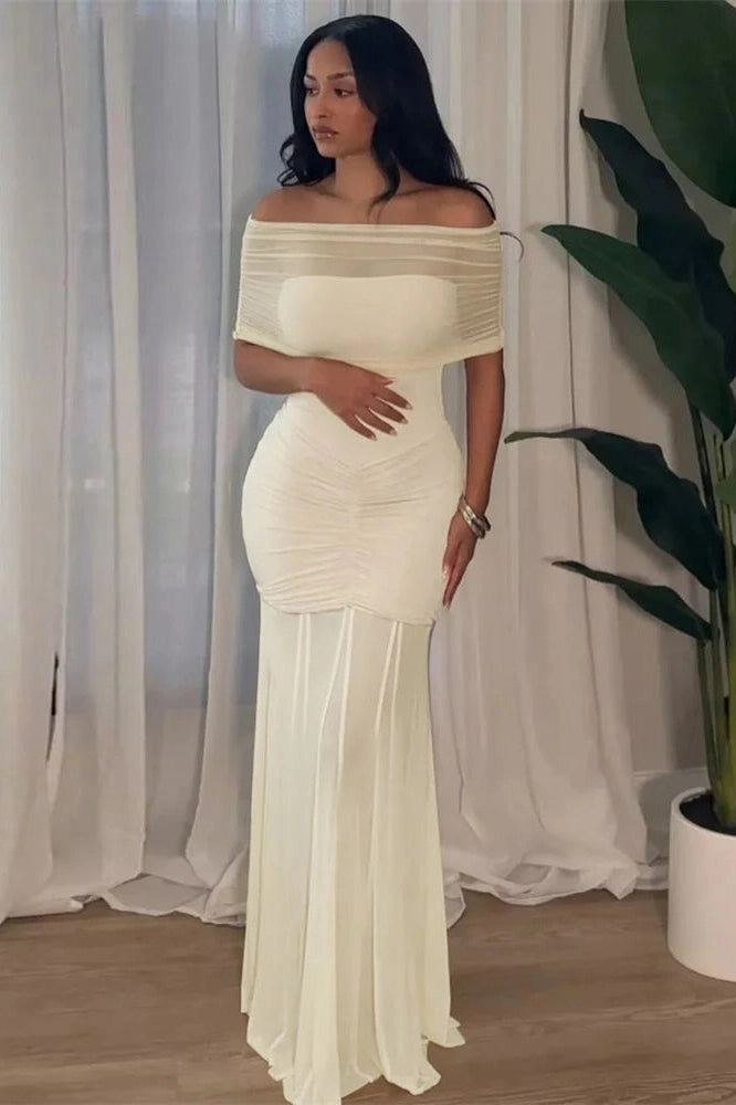 Glorol - See-Through Pleated Patchwork Off-Shoulder Maxi Dress