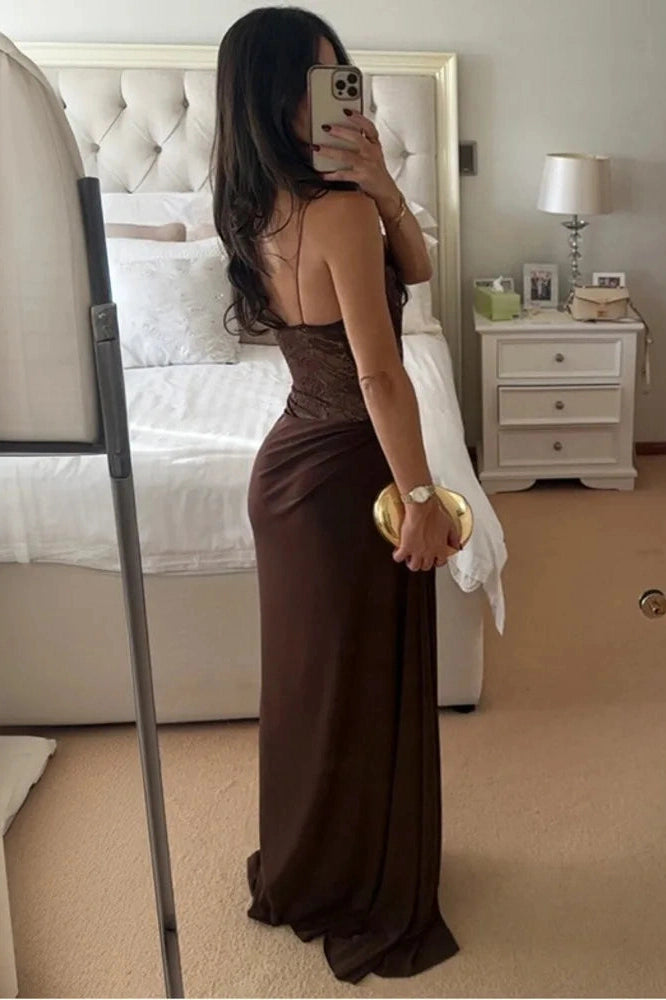 Glorol - Off-Shoulder Lace See Through Sleeveless Backless Maxi Dress