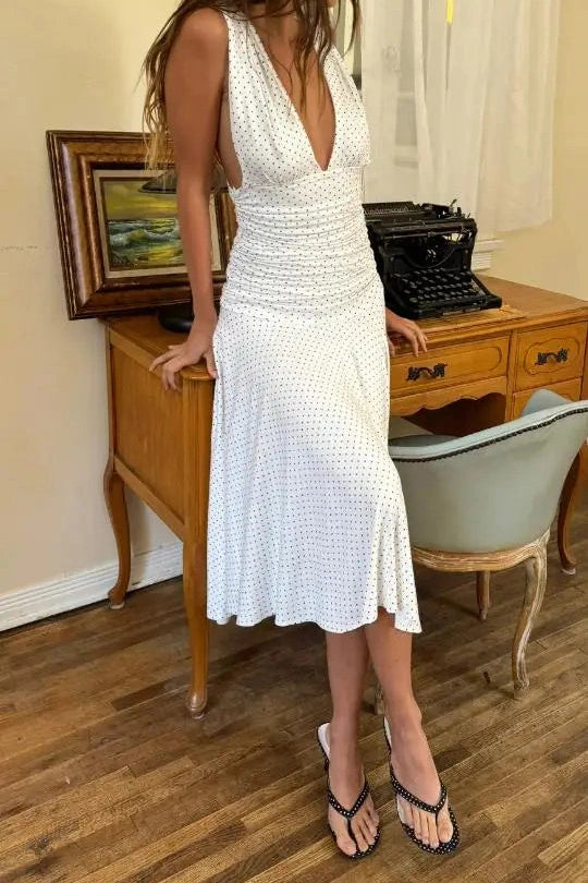 Glorol - Printed Pleated Waist A-Line Sleeveless V-Neck Midi Dress