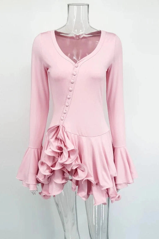 Glorol - Long Sleeve Slim Single-Breasted V-Neck High Waist Mini Dress