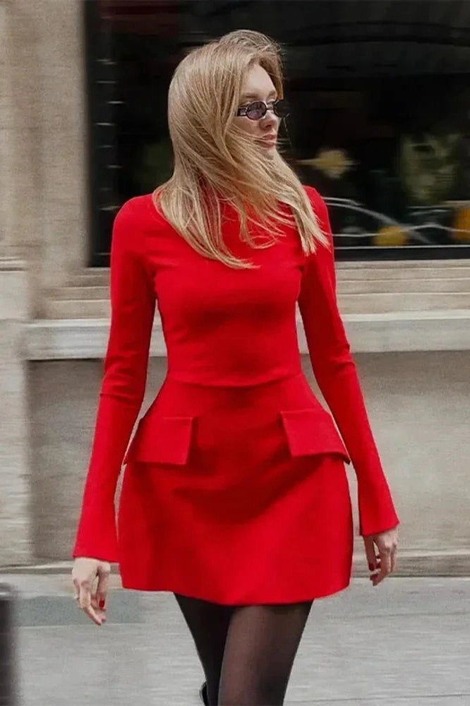 Glorol - Elegant Slim Two Pocket Long Sleeve A-Line Mini Dress