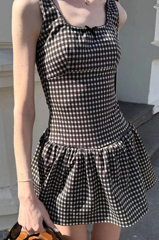 Glorol - Plaid Printed Square Collar A-Line Sleeveless High Waist Mini Dress