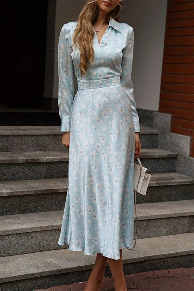 Glorol - Printed Long Sleeve High Waist Slim Midi Dress