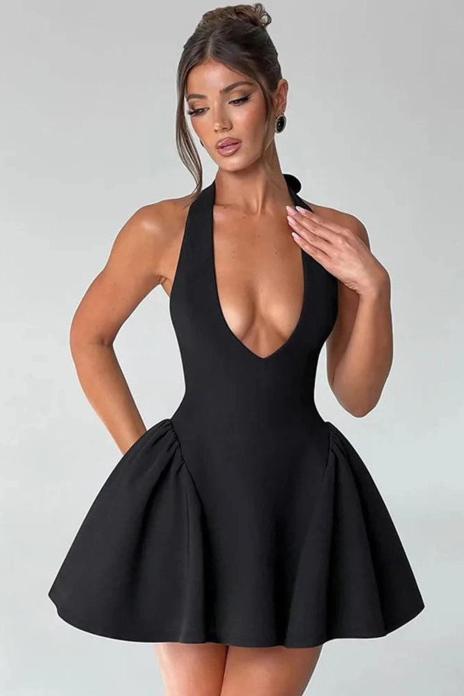 Glorol - Deep V Neck Sleeveless Backless High Waist A-line Mini Dress