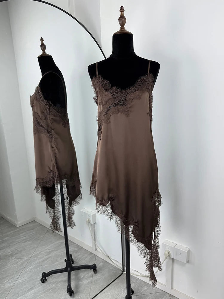 Glorol - Lace Spaghetti Strap Slit Bodycon Mini Dress