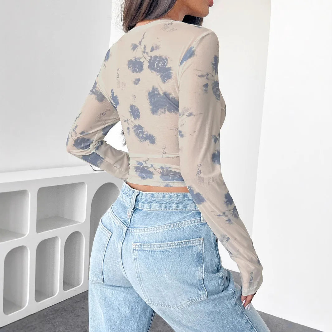 Glorol - Floral Mesh Print Pleated Round Neck Slim Top