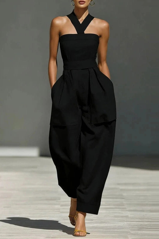 Glorol - Elegant Cross Halter Lace-Up Sleeveless Backless Jumpsuit