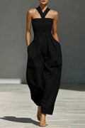 Glorol - Elegant Cross Halter Lace-Up Sleeveless Backless Jumpsuit