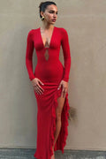 Glorol - Long Sleeve High Split Deep V Neck Bodycon Maxi Dress