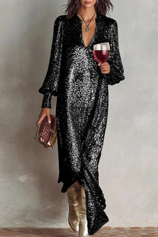 Glorol - Elegant Long Sleeve V Neck Maxi Dress