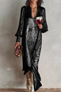 Glorol - Elegant Long Sleeve V Neck Maxi Dress