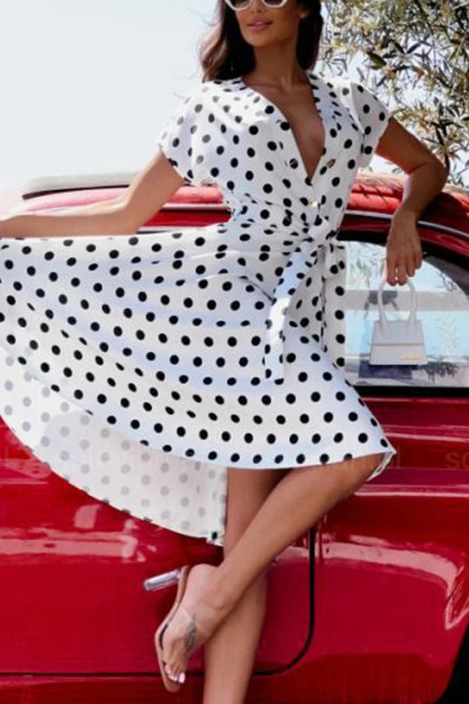 Glorol - Polka Dot Print V-Neck Button Lace-up Slim A-Line Midi Dress