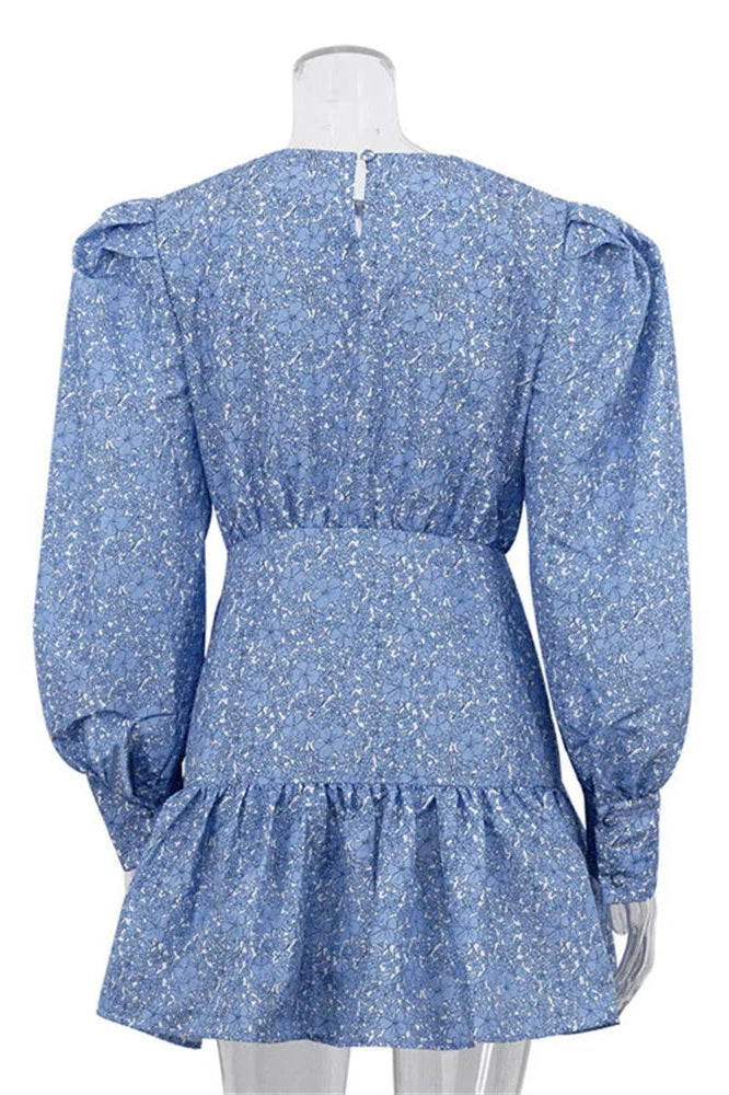 Glorol - Printed Long Sleeve Pleated Patchwork Slim Mini Dress