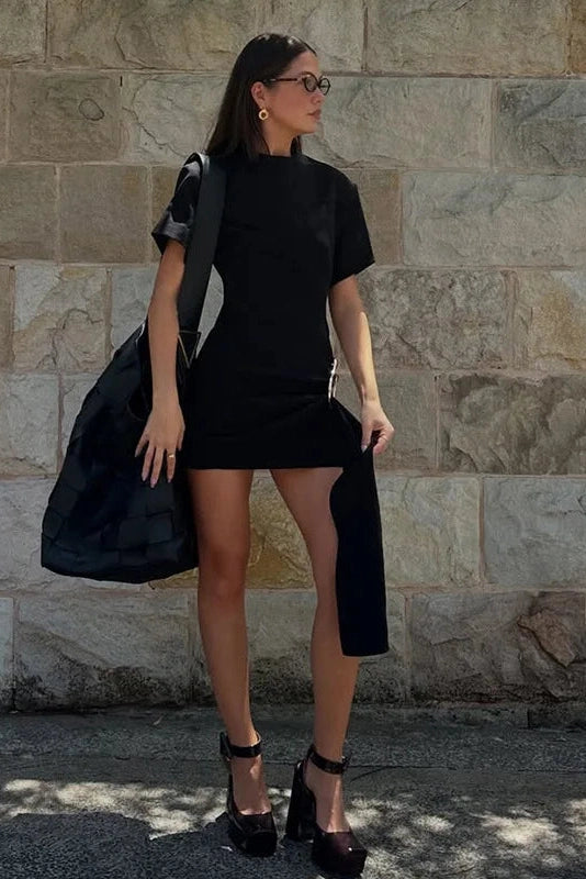 Glorol - Elegant Round Neck Short-Sleeved Mini Dress