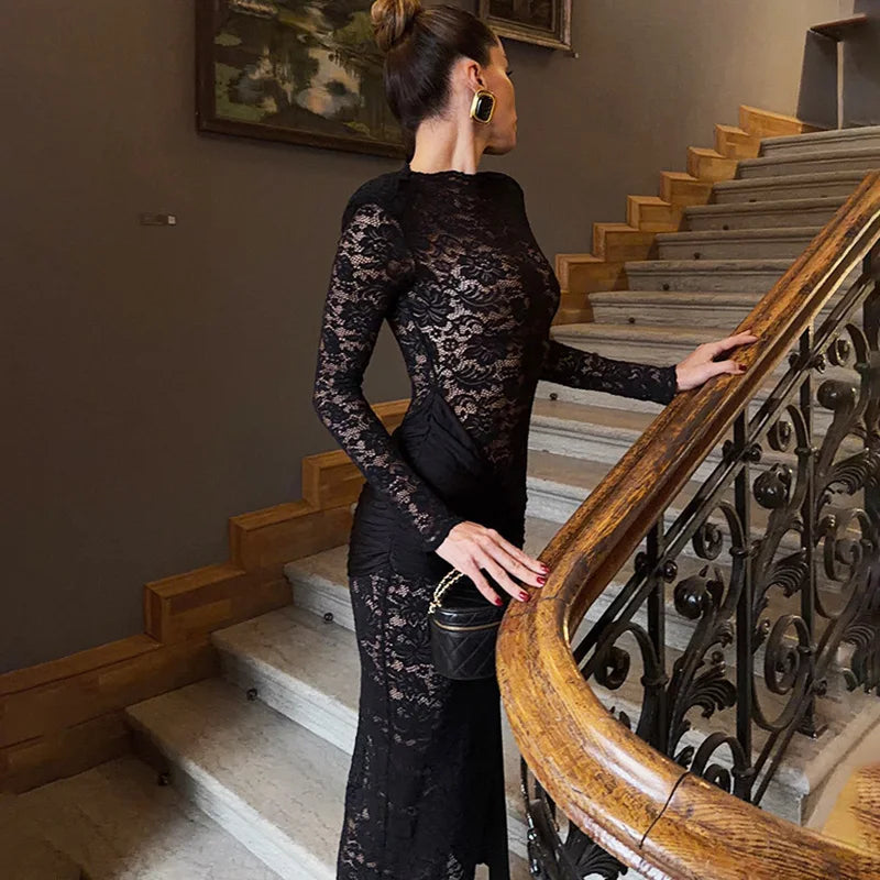 Glorol - Lace Patchwork Hollow Out See Through Maxi Dress