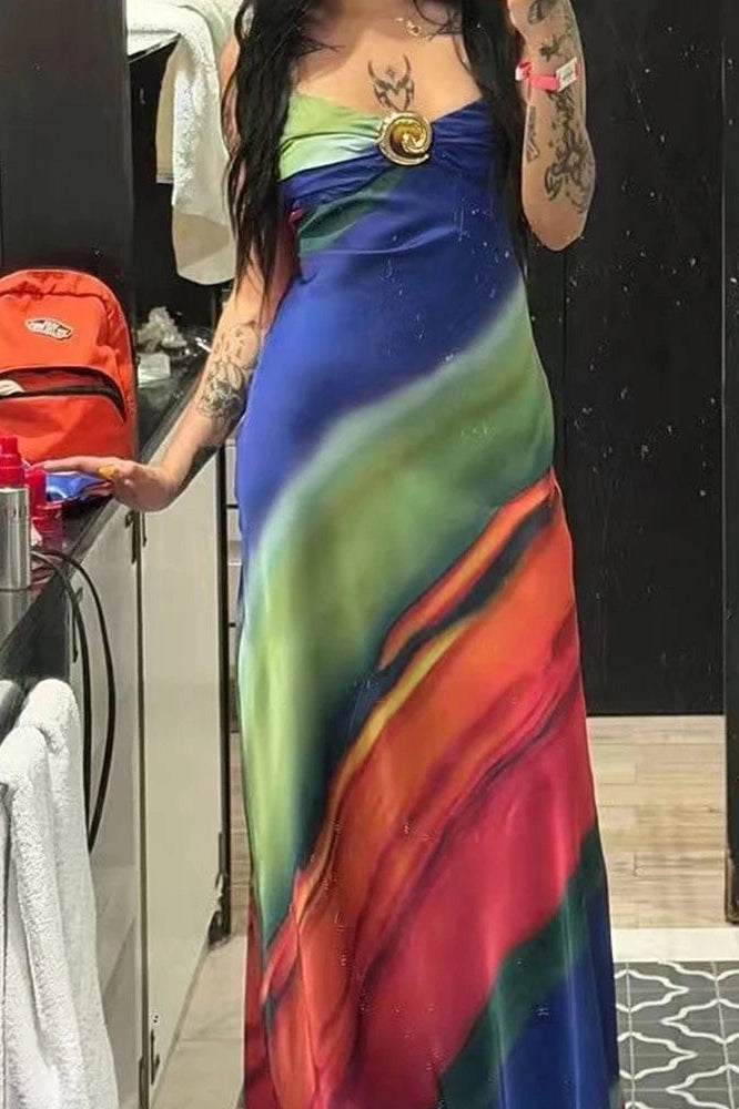 Glorol - Elegant Printed Sleeveless Slim V-Neck Backless Maxi Dress