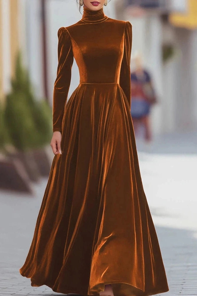 Glorol - Elegant High Collar Long Sleeve Slim Pleated Maxi Dress