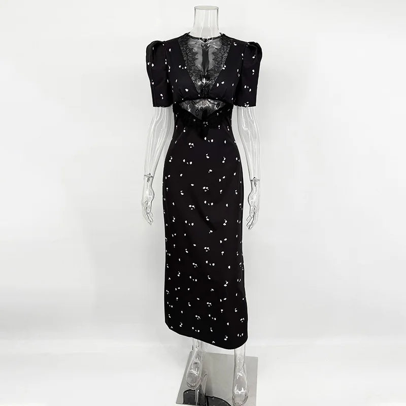 Glorol - Hollow Lace Short Sleeve Slim Printed Maxi Dress