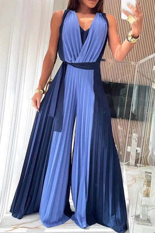 Glorol - Elegant V-Neck Pleated High Waist Hollow Out Jumpsuit