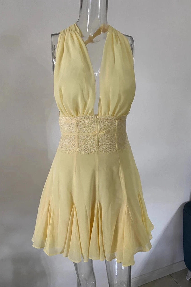 Glorol - Backless Lace V Neck Sleeveless High Waist A-line Mini Dress