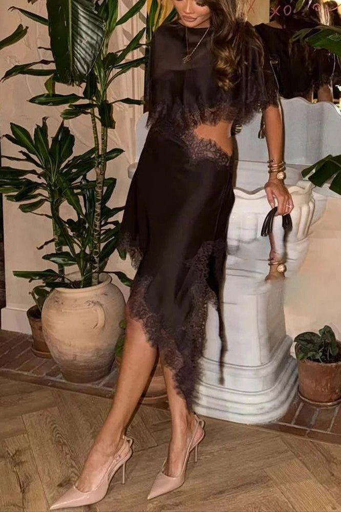 Glorol - Elegant Hollow Waist O-Neck Lace Loose Pleated Midi Dress