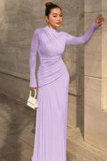 Glorol - Slim Long Sleeve O Neck Patchwork Pleated Irregular Maxi Dress