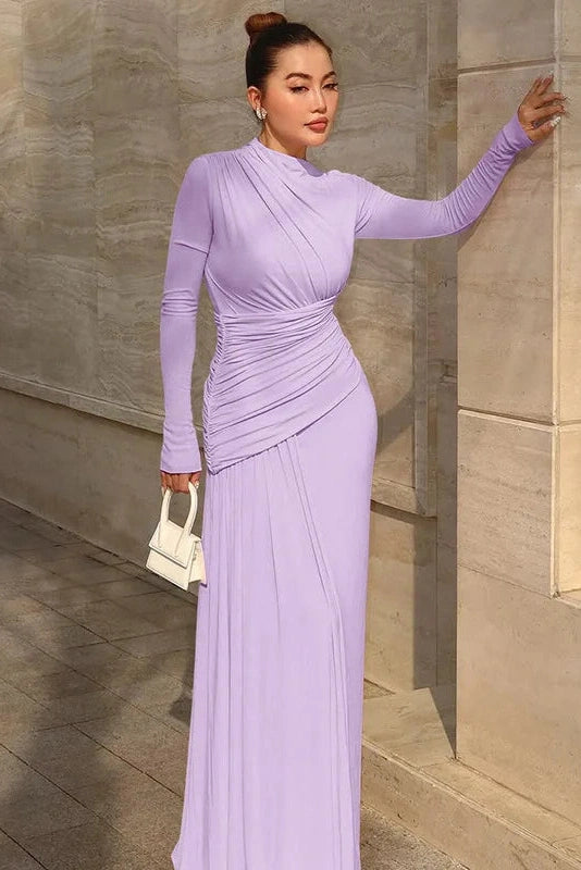 Glorol - Slim Long Sleeve O Neck Patchwork Pleated Irregular Maxi Dress