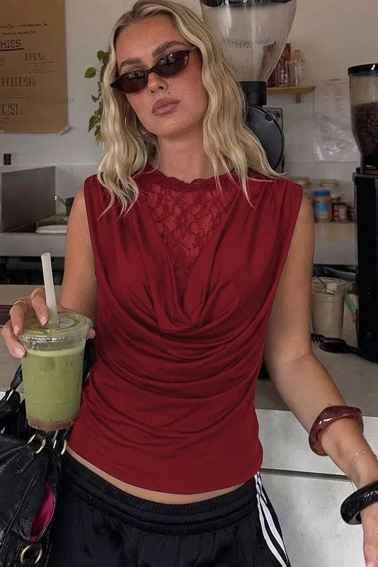 Glorol - Lace Round-Neck Sleeveless Slim Top