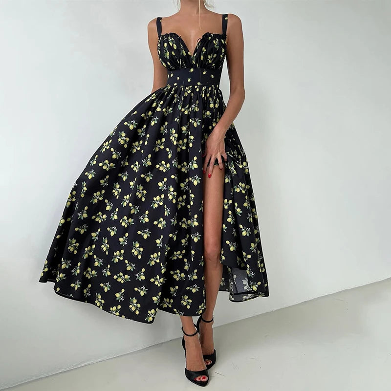 Glorol - Printed Lace Up High Waist Maxi Dress