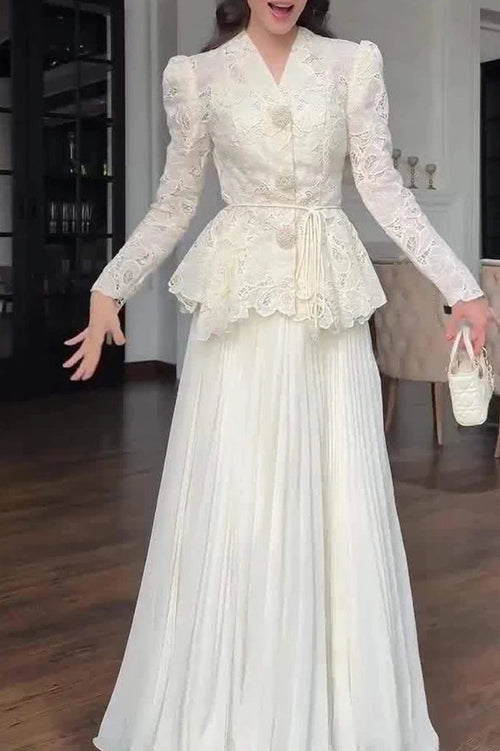 Glorol - Elegant High Waist Long Sleeve Lace Embroidery Slim Maxi Dress