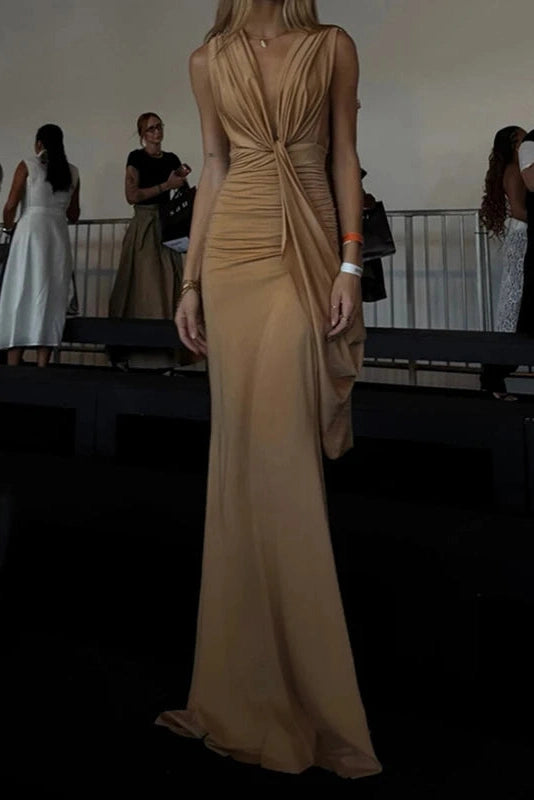 Glorol - Hollow Out Deep V-Neck Sleeveless Slim Maxi Dress