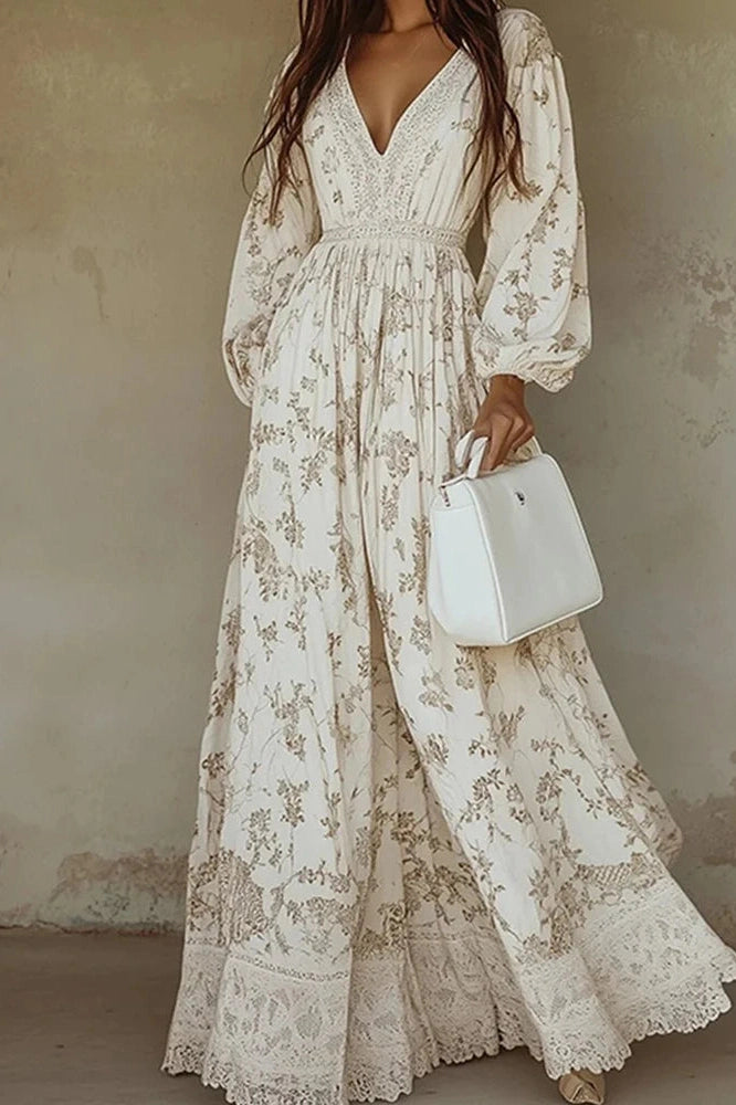 Glorol - Elegant Long Sleeve Lace V-Neck Printed Maxi Dress