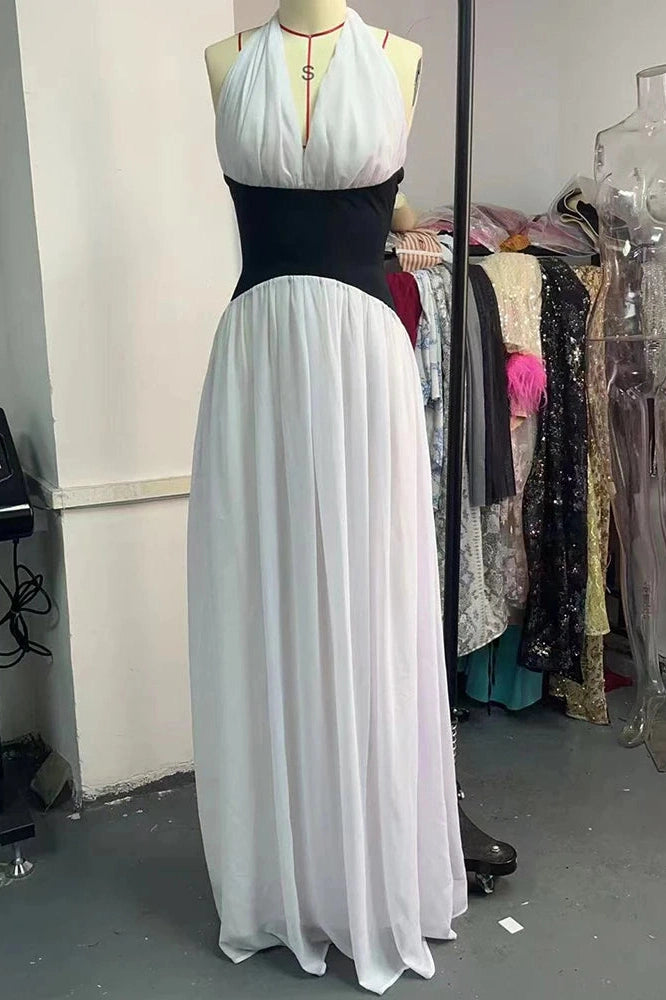 Glorol - Deep V Neck Backless Patchwork Sleeveless High Waist Maxi Dress