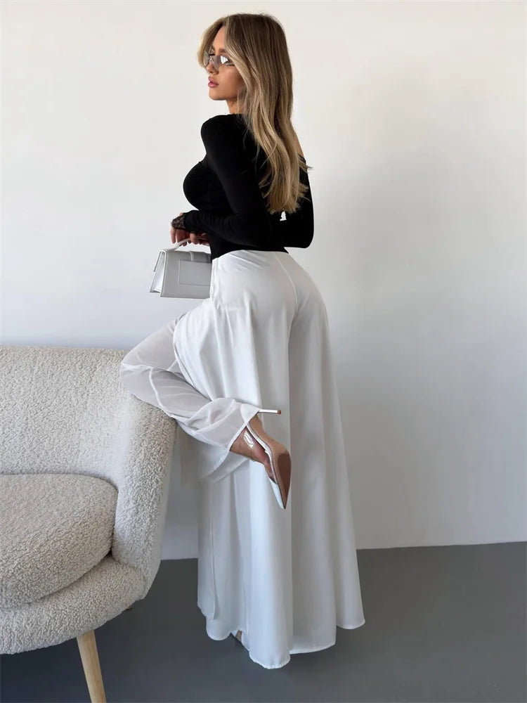 Glorol - High Waist See-Through Patchwork Wide Leg Skirt