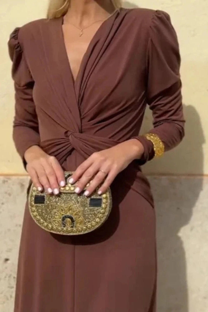 Glorol - Elegant V-Neck Slim Long Sleeve High Waist Maxi Dress