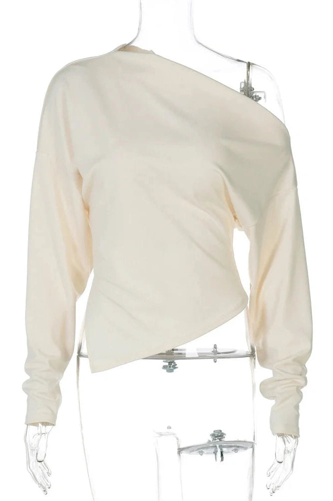 Glorol - One-Shoulder Long Sleeve Patchwork Top