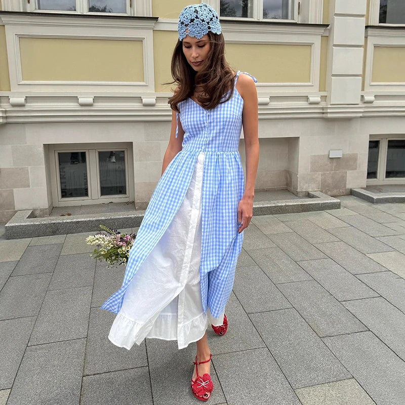 Glorol - Plaid Printed Single Breasted Maxi Dress