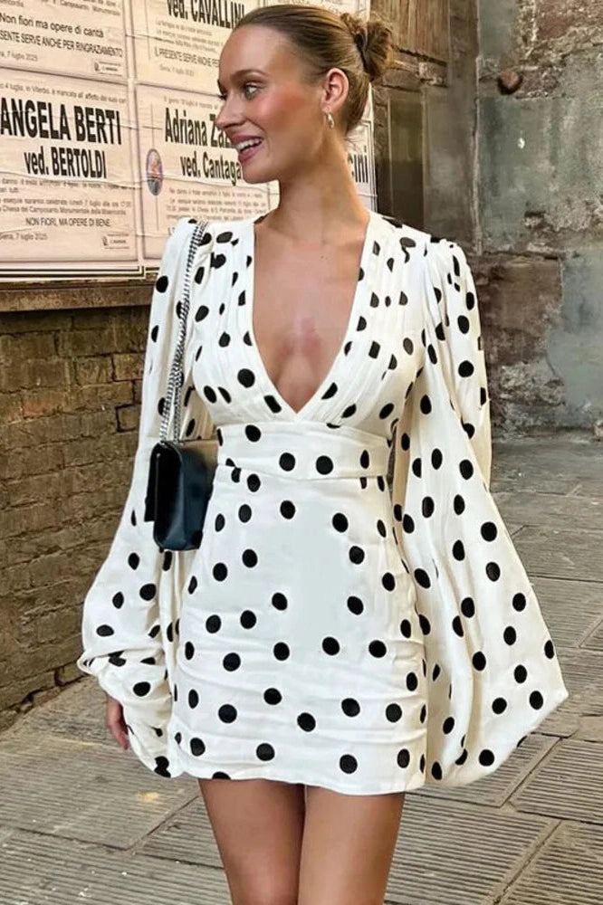 Glorol - Polka Dot Long Sleeve Deep V Neck High Waist Mini Dress
