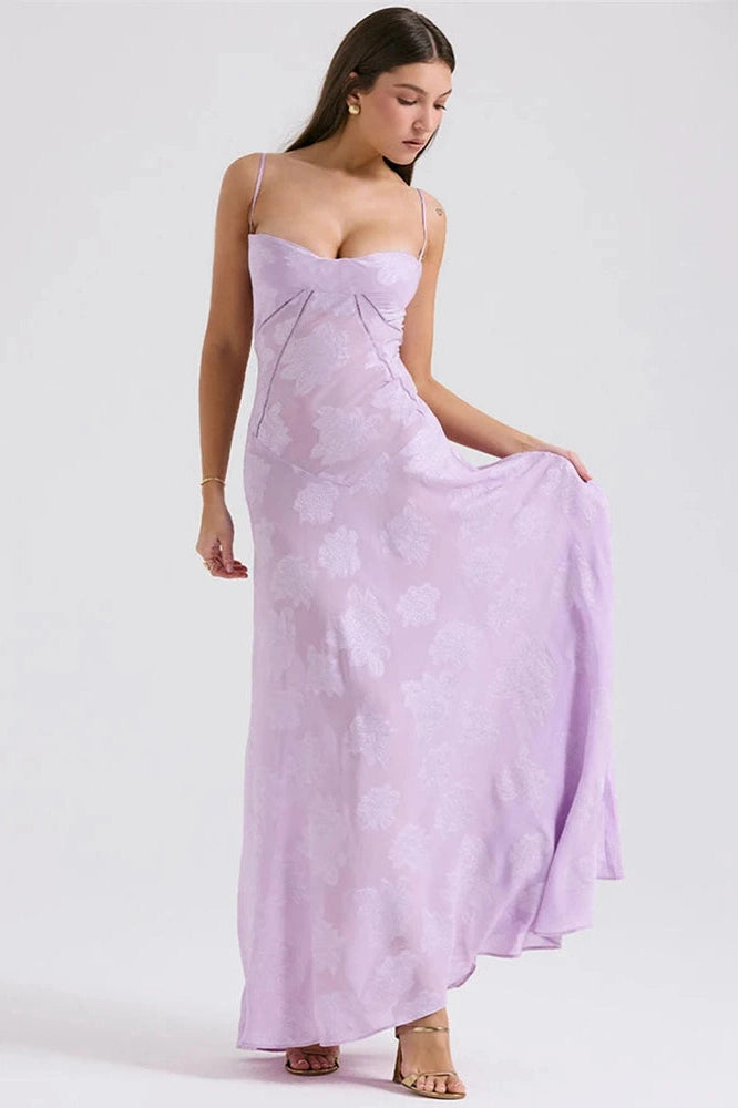 Glorol - Elegant Print Spaghetti Strap Sleeveless Backless Maxi Dress